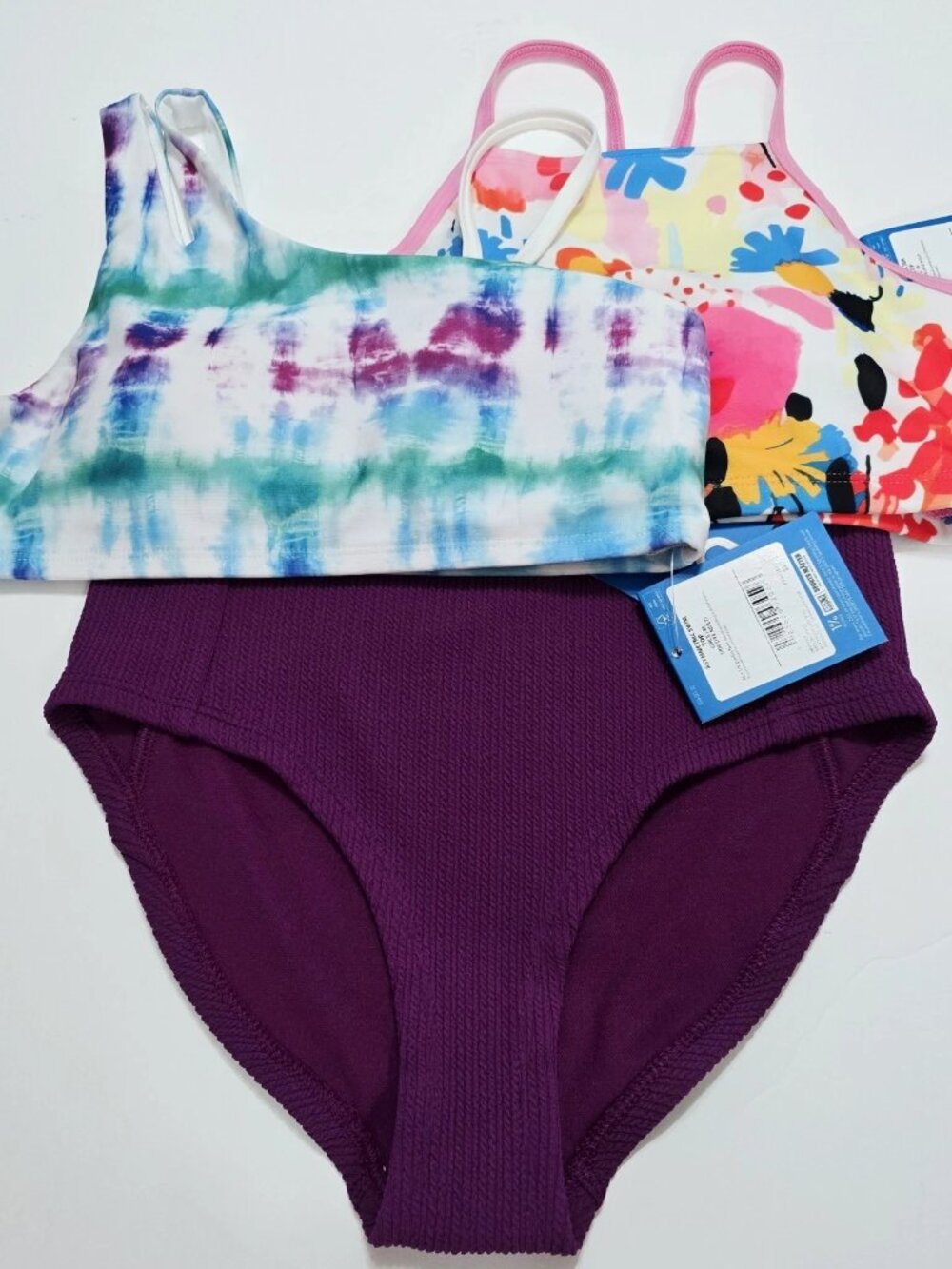 NEW Lot Of 3 DSG - M Girls Swimsuit Top High Waisted Bikini Vibrant Violet Pink